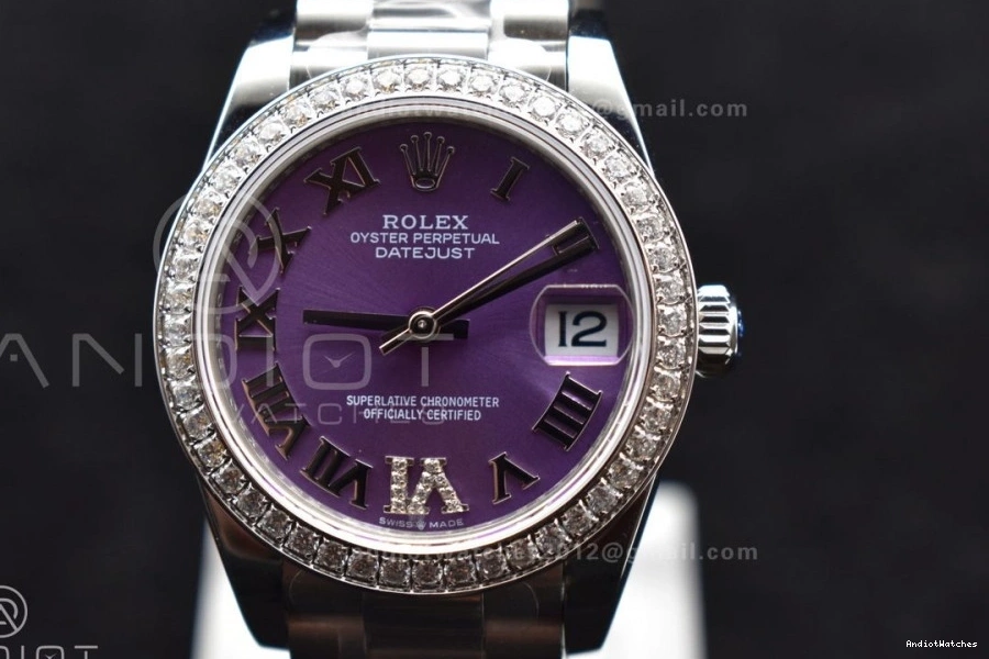 278289 President Purple Steel Diamonds DateJust Roman 552 Ladies Bezel Dial 316L BPF Contemporary on Markers Style 31 Bracelet 0512